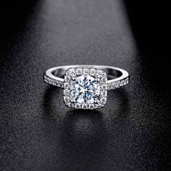 Silver Rhodium and White Diamond Cubic Zirconia Square Halo Ring - Picture 7 of 13